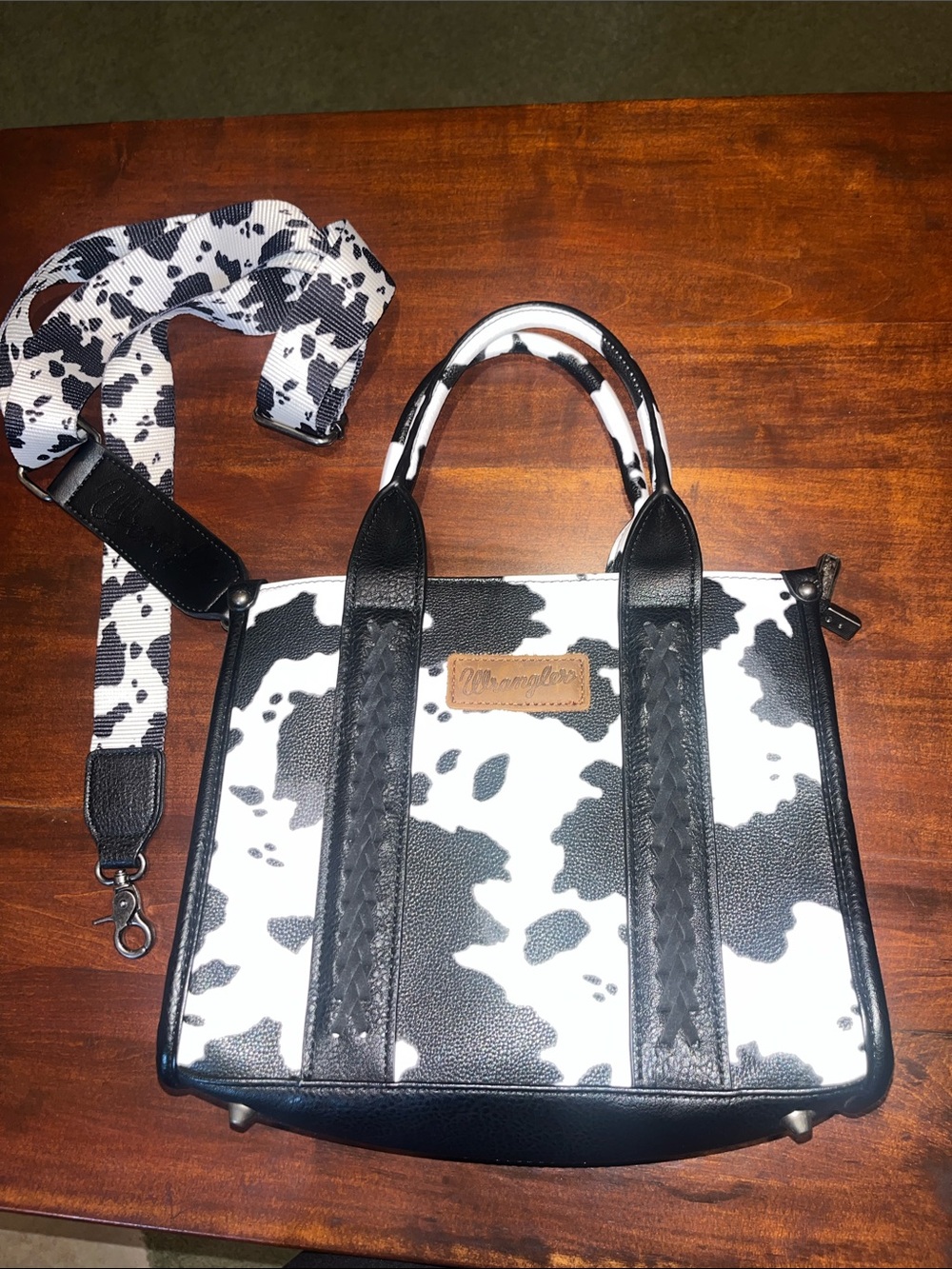 Wrangler Cow Print Satchel Bag with Detachable Strap - Black & White
